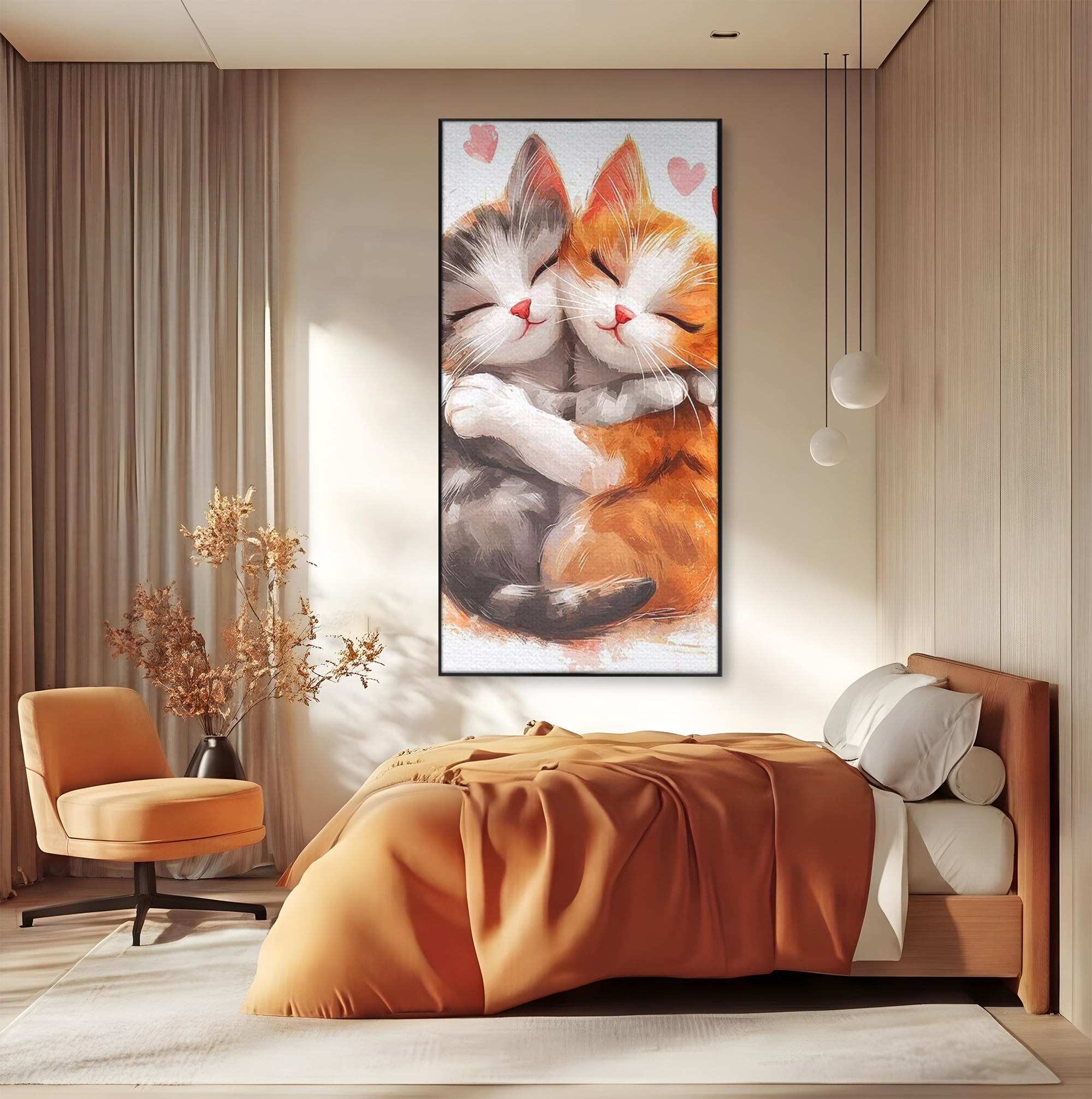 Tablou canvas cu doua pisicute care se imbratiseaza, in rama de aluminiu negru, pe perete intr-un dormitor